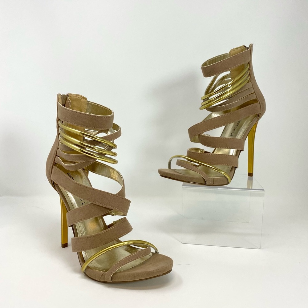NWOT Miss Lola 4” Heels Nude Beige Gold Accent Open Toe Stiletto Size 7